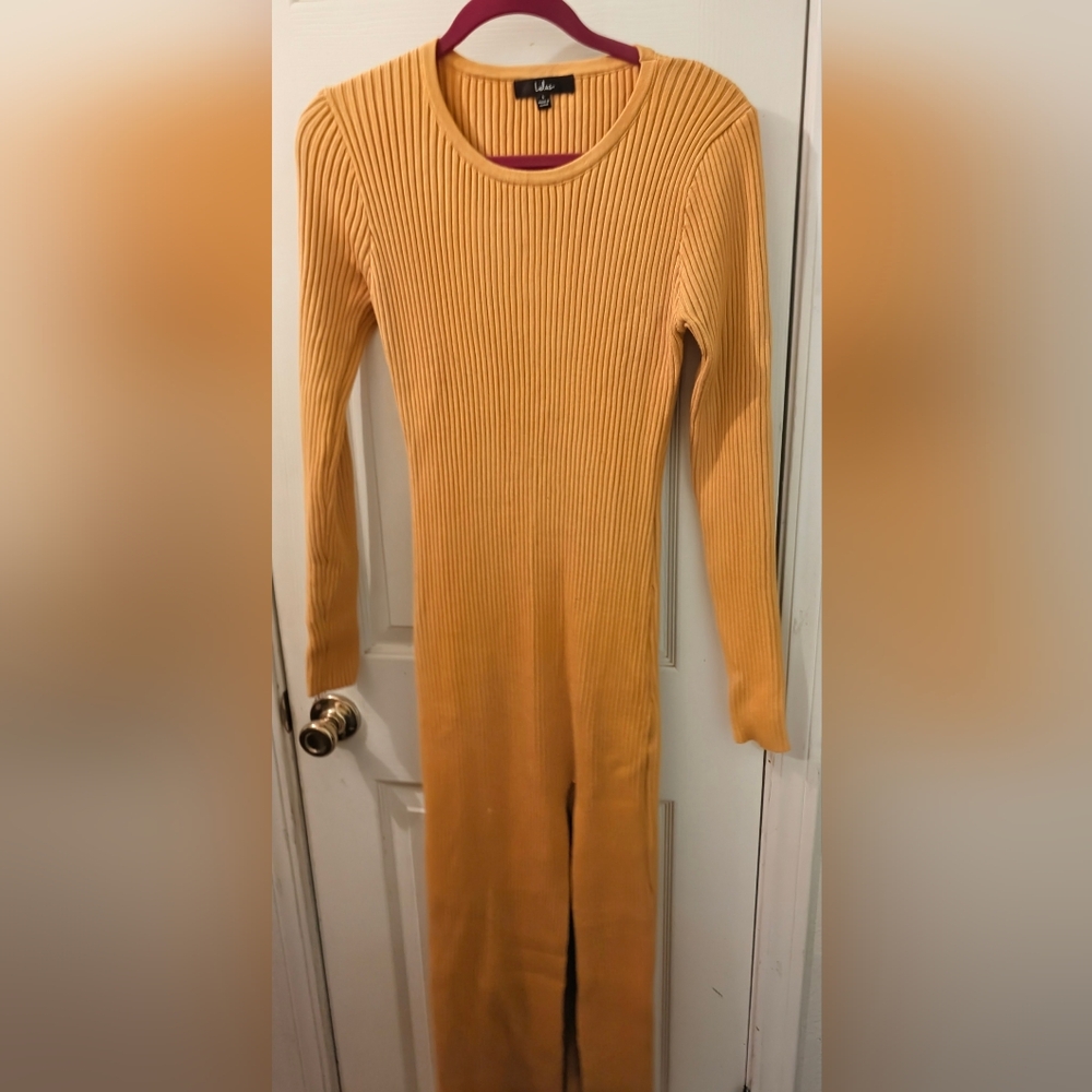 Lulus Women's Mustard Yellow Ribbed Knit Long Sleeve Midi Dress - Picture 5 of 5